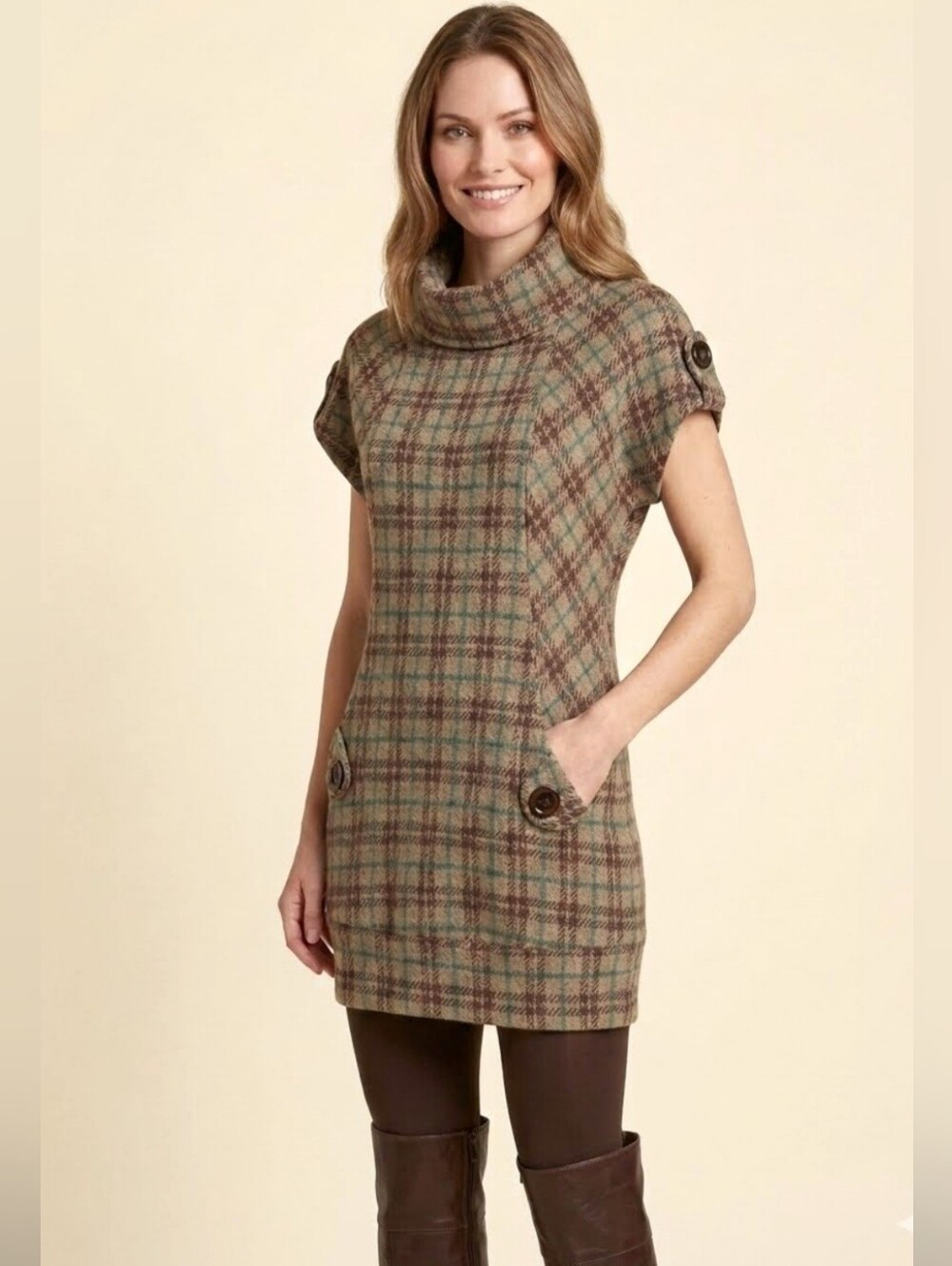 Retro Plaid Tartan Cowl Neck Tunic Sweater Dress Pocket Brown Teal Boho 70s Mod